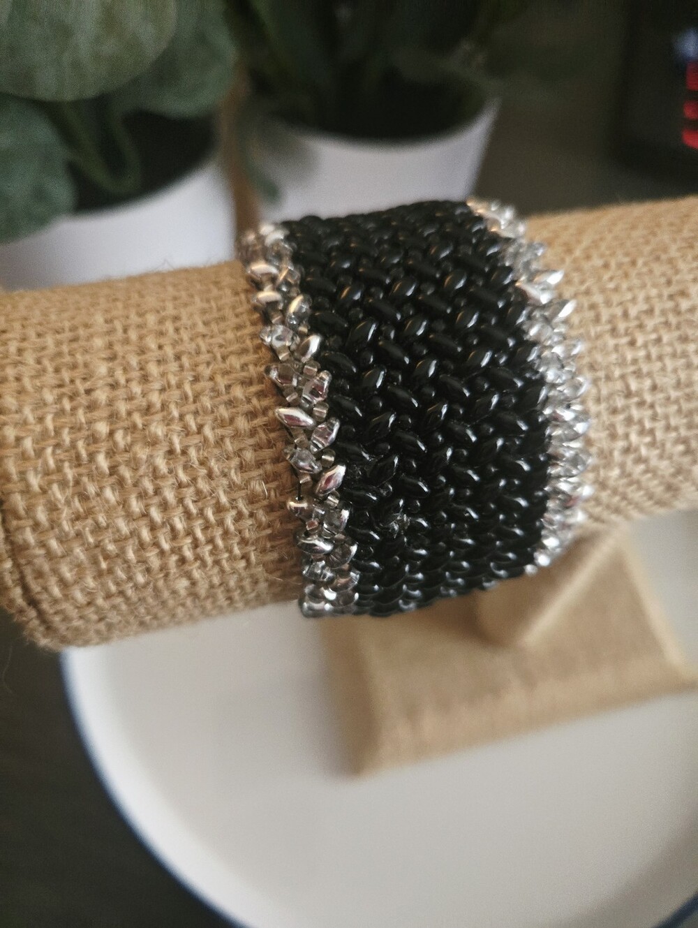 Black Beaded Wide Cuff Bracelet Silver Tone Trim Statement Boho Jewelry